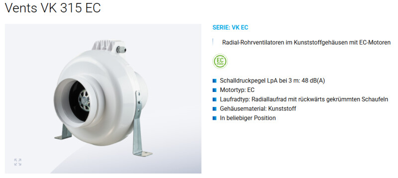 Rohrventilator VK 315 EC - 165 Watt / 230 Volt 1500...